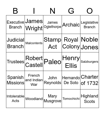 First Semester Review - GA Studies Bingo Card