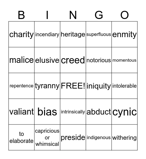 Semester Vocabulary American Literature Bingo Card
