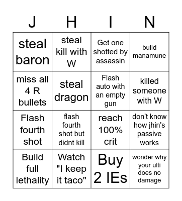 Jhin mains Bingo Card