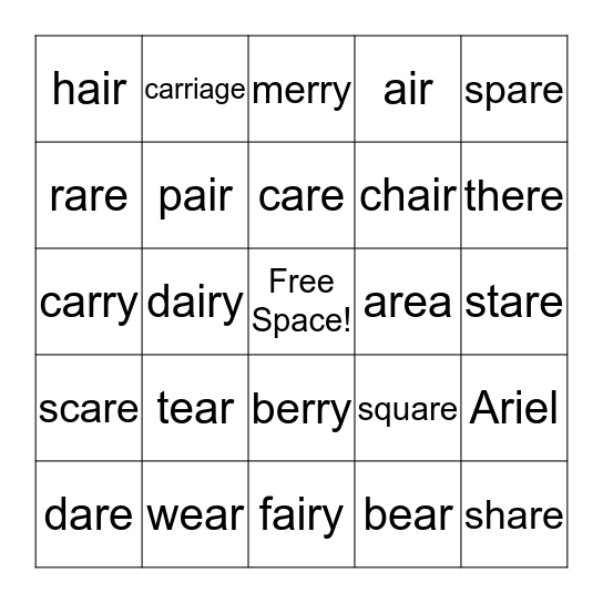 "AIR" Words Bingo Card