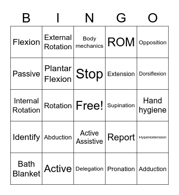 Range of Motion Bingo Card