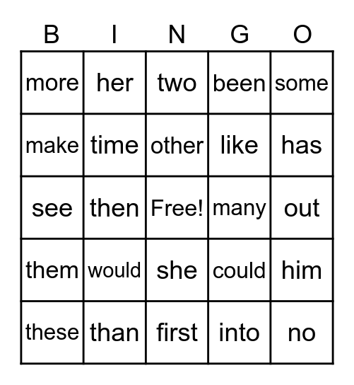 Sight Words Bingo Card