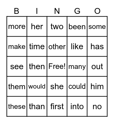 Sight Words Bingo Card