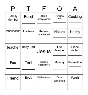 I'm thankful for... Bingo Card