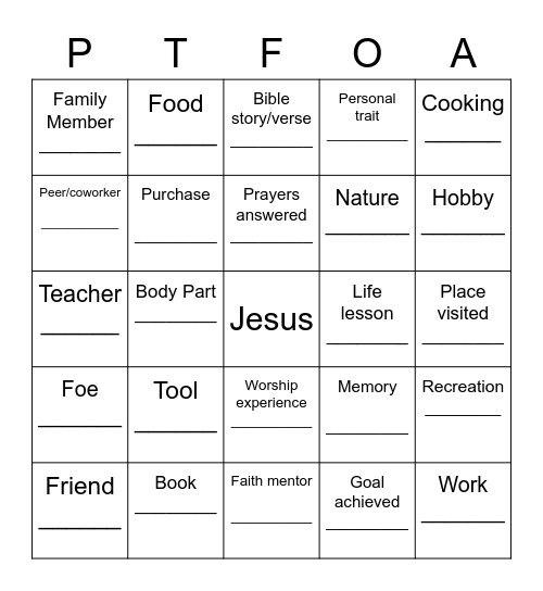 I'm thankful for... Bingo Card