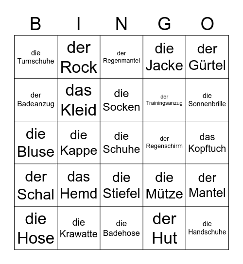 Die Bekleidung Bingo Card