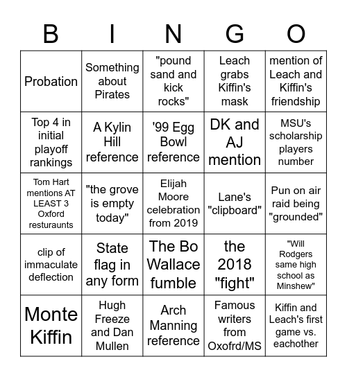 Egg Bowl Broadcast Bingo Card