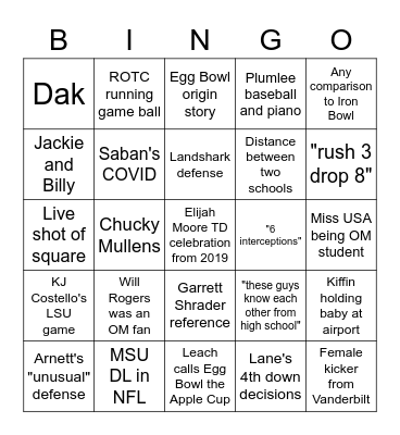 Egg Bowl Broadcast Bingo board two Bingo Card