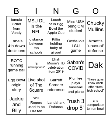 Egg Bowl Broadcast Bingo board two Bingo Card