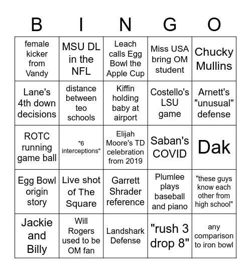 Egg Bowl Broadcast Bingo board two Bingo Card
