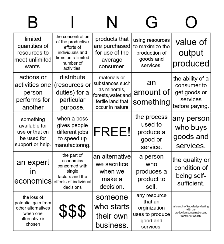 Econ Bingo Card