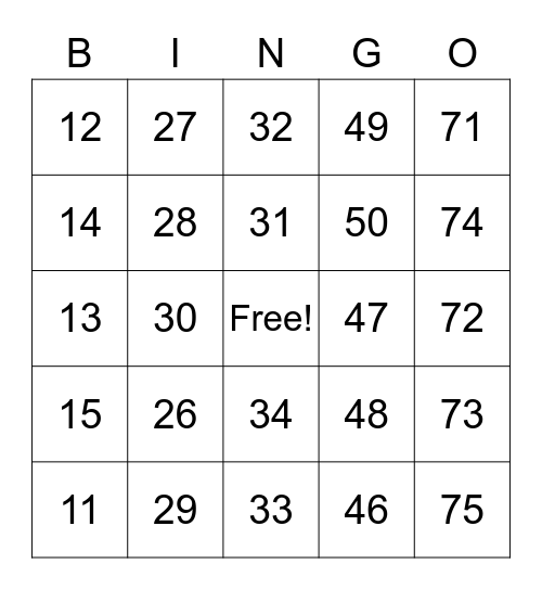 Family Fun Night Bingo Card