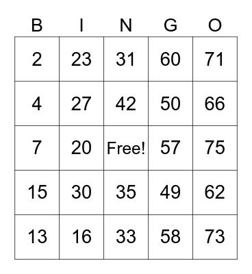 Family Fun Night Bingo Card