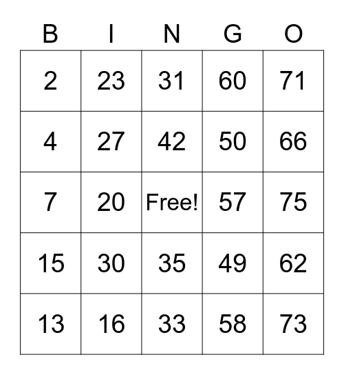 Family Fun Night Bingo Card