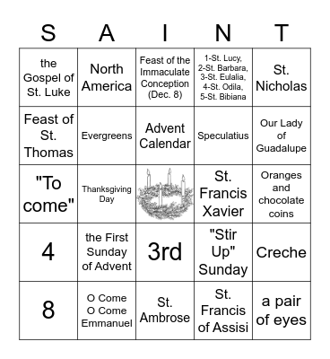 SAINT Bingo -- ADVENT Edition Bingo Card