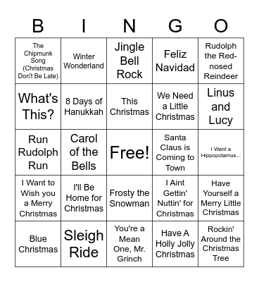 Holiday Song Bingo Card