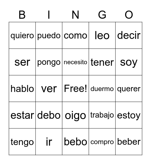 LOS VERBOS Bingo Card
