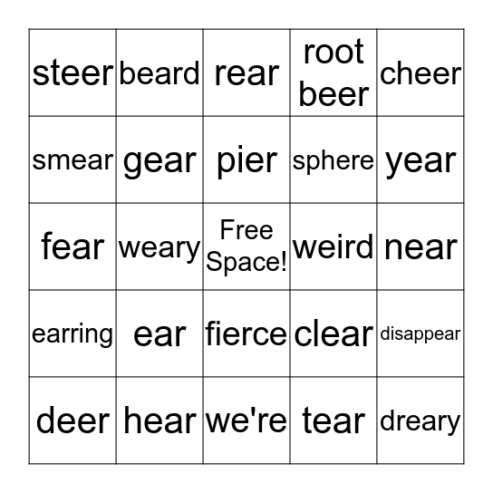 "EAR" Words Bingo Card