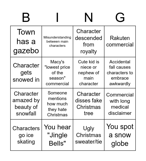 Hallmark Christmas Movie Bingo Card