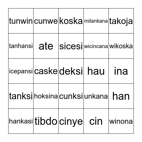 relatives Bingo Card