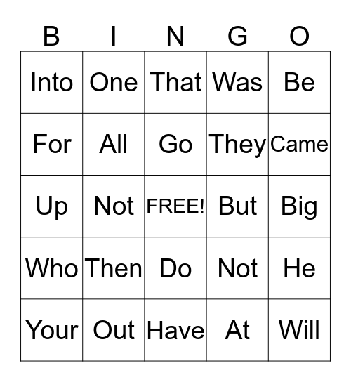 Sight Word Bingo Card