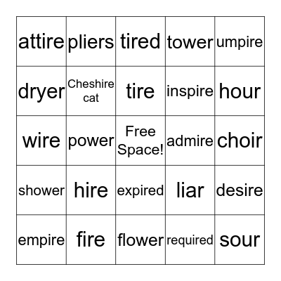 "IRE" & "OUR" Words Bingo Card