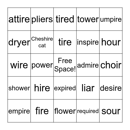 "IRE" & "OUR" Words Bingo Card