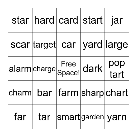 "AR" Words Bingo Card