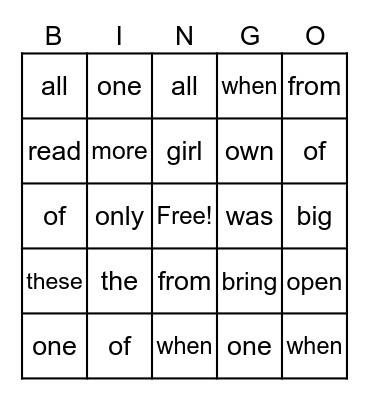 Sight Words Bingo Card