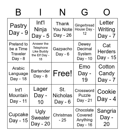 Celebrate December Bingo Card