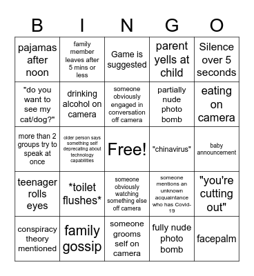 Family Zoom Meeting Bingo Card