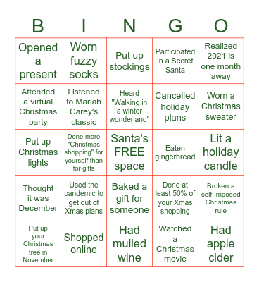 Christmas Quarantine Bingo Card