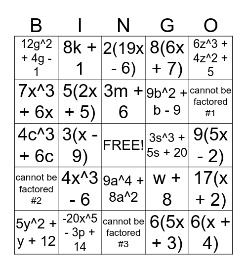 Pre-Algebra 7.3 - 7.5 Practice/Review Bingo Card