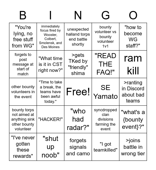 Bounty Bingo Card