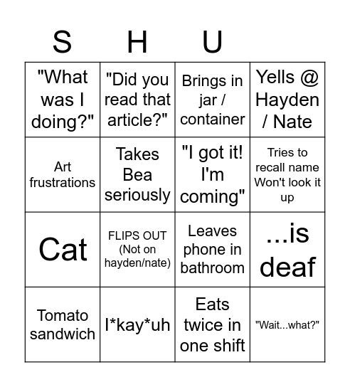 Shushu Bingo Card