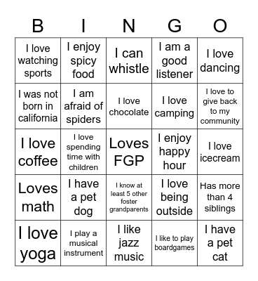 Foster Grandparents Bingo Card