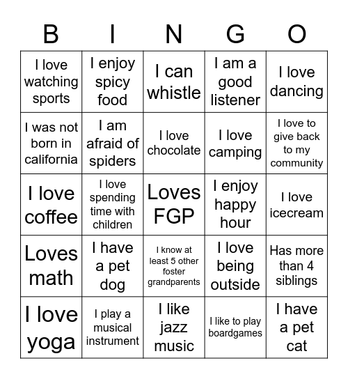 Foster Grandparents Bingo Card