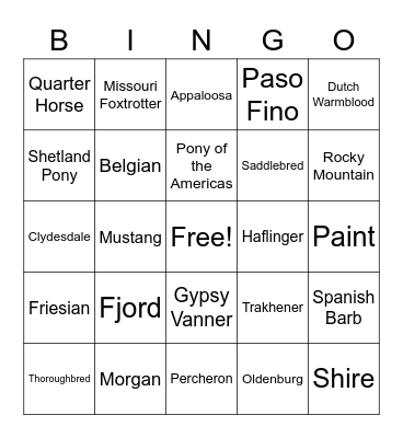 Horse Breeds Bingo Card