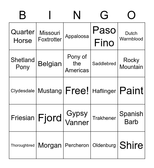 Horse Breeds Bingo Card