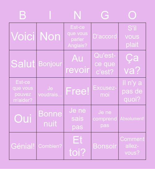 French Phrases Bingo Card