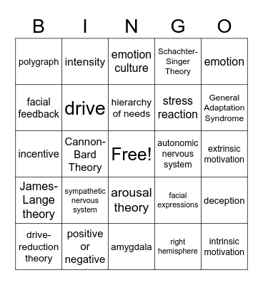 Unit 4 Motivation, Emotion, and Stress Review Bingo Card