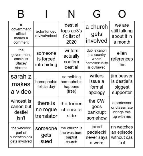 supernatural 2020 bingo, kill me Bingo Card