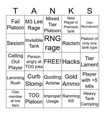 World of Tanks Bingo Card