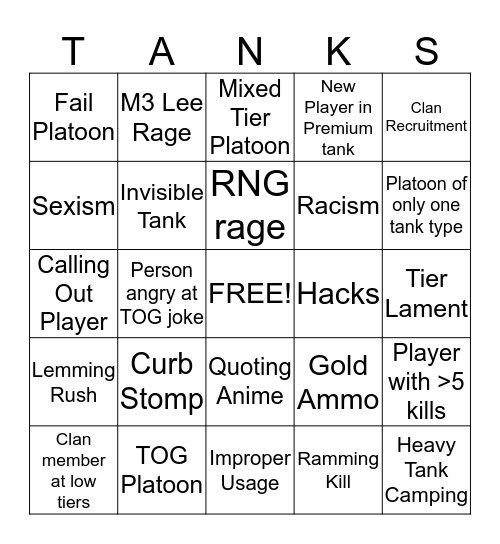 World of Tanks Bingo Card
