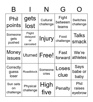 Amazing Race Bingo Card
