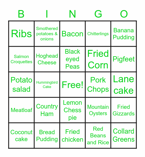 "Golden" Soul Food Bingo Card