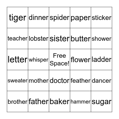 Words ending in "ER" Bingo Card