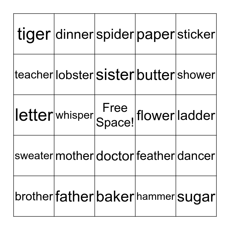 Words Ending In ER Bingo Card