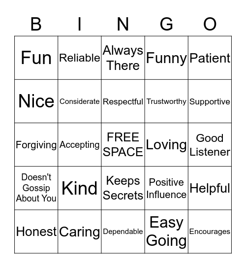 Friendship Bingo Card