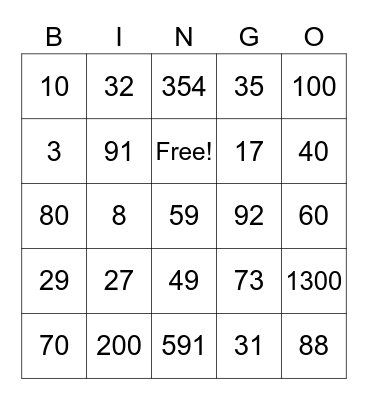 Number BINGO Card